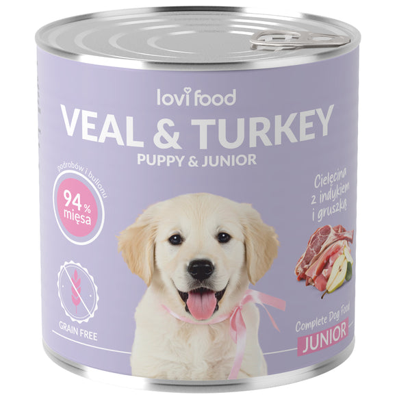 Lovi Food Junior & Puppy Veal and Turkey Wet Food – Tender Veal, Turkey, and Pear Recipe, 12x800g Cans