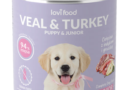Lovi Food Junior & Puppy Veal and Turkey Wet Food – Tender Veal, Turkey, and Pear Recipe, 6x800g