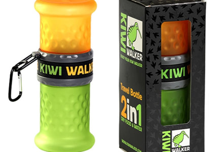 Kiwi Walker Travel Bottle 2in1 Food & Water – Dual-Compartment Portable Feeder, Green and Orange