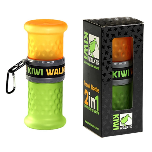 Kiwi Walker Travel Bottle 2in1 Food & Water – Dual-Compartment Portable Feeder, Green and Orange