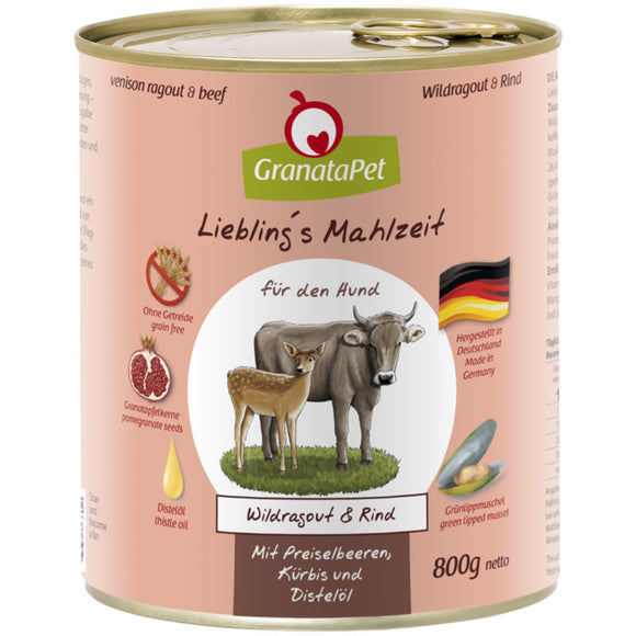 GranataPet Venison Ragout & Beef – Grain-Free Wet Food, Game and Beef Recipe, 800g