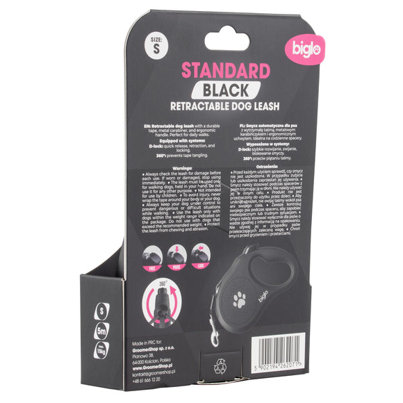 Biglo Standard Black Retractable Leash – Extra Small, Durable Tangle-Free Design