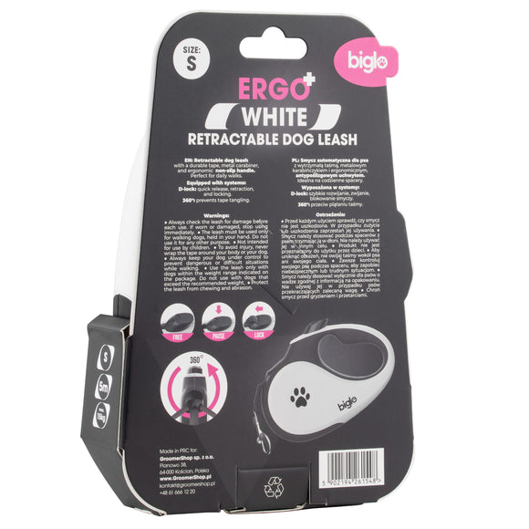 Biglo Ergo Plus White Retractable Leash – Automatic Medium Lead with Anti-Slip Handle