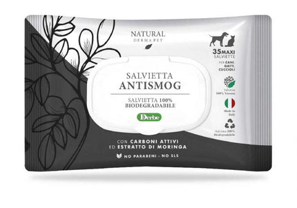 Wet anti-smog pet wipes for dogs and cats with activated charcoal and moringa, 35pcs