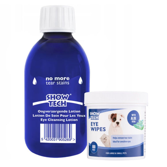 Show Tech No More Tear Stains Solution 250ml and Eye Wipes 100pcs – Gentle Stain Removal Set