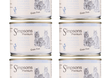 Simpsons Premium Cat Four Bird Casserole – Grain-Free Wet Food with Chicken, Turkey, Duck, Goose, 6x200g