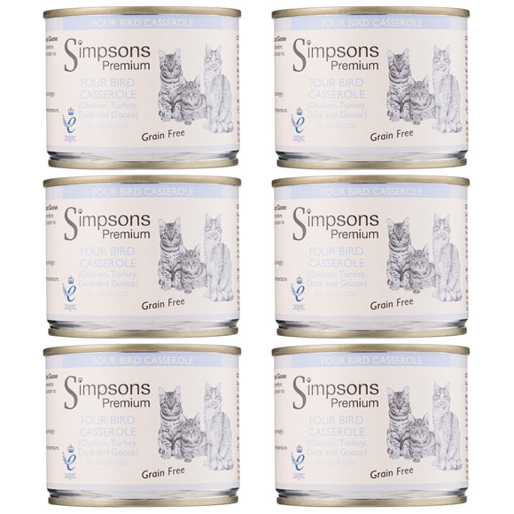 Simpsons Premium Cat Four Bird Casserole – Grain-Free Wet Food with Chicken, Turkey, Duck, Goose, 6x200g
