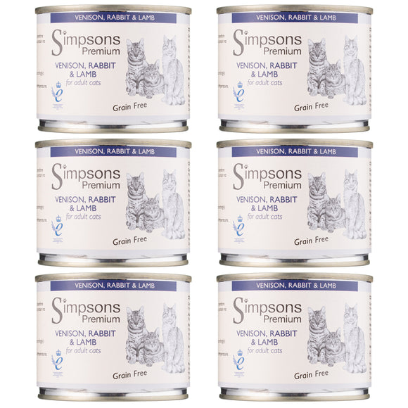 Simpsons Premium Cat Venison, Rabbit & Lamb Grain-Free Wet Food – 6x200g, High Protein Recipe