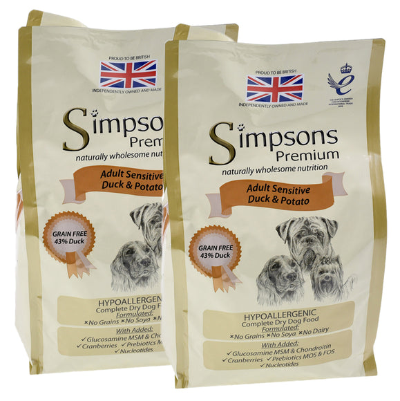 Simpsons Premium Adult Sensitive Duck and Potato Dog Food – Hypoallergenic Formula, 2 x 12kg Bags