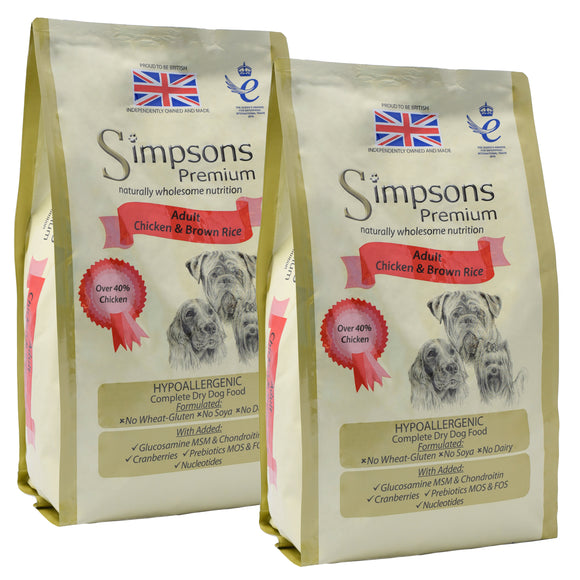 Simpsons Premium Adult Chicken and Brown Rice Dog Food – Natural Recipe, 2 x 12kg Bags