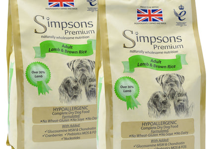Simpsons Premium Adult Lamb and Brown Rice Dog Food – Natural Protein Blend, 2 x 12kg Bags