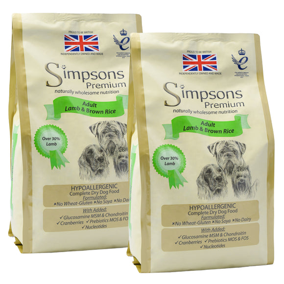 Simpsons Premium Adult Lamb and Brown Rice Dog Food – Natural Protein Blend, 2 x 12kg Bags