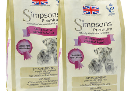 Simpsons Premium Adult Sensitive Chicken and Potato Dry Dog Food – Hypoallergenic, 2 x 12kg Bags