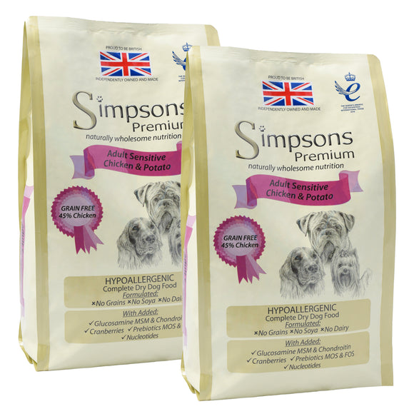 Simpsons Premium Adult Sensitive Chicken and Potato Dry Dog Food – Hypoallergenic, 2 x 12kg Bags