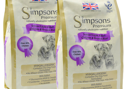Simpsons Premium Senior Light Chicken and Brown Rice Dog Food – Balanced Nutrition, 2 x 12kg Bags