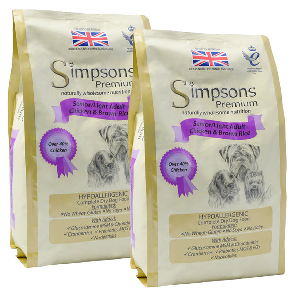 Simpsons Premium Senior Light Chicken and Brown Rice Dog Food – Balanced Nutrition, 2 x 12kg Bags