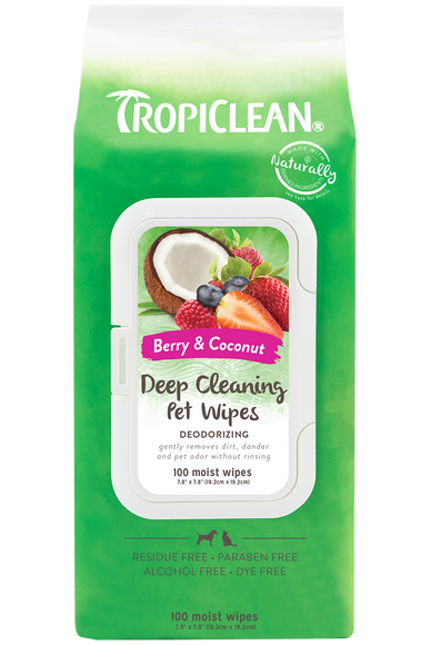 Tropiclean Deep Cleaning Grooming Wipes – Berry & Coconut, Moisturizing, 100 Pack