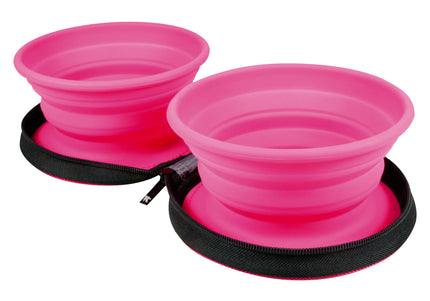 Kiwi Walker Double Travel Bowl – Silicone Collapsible Design, 2x350ml, Fuchsia Color