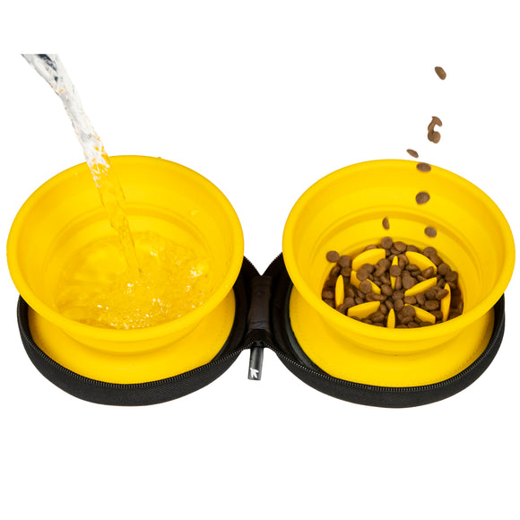 Kiwi Walker Double Travel Bowl – Silicone Slow Feeder, 2x350ml, Fuchsia, Portable Design