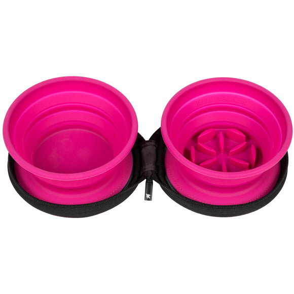 Kiwi Walker Double Travel Bowl – Silicone Slow Feeder, 2x350ml, Fuchsia, Portable Design