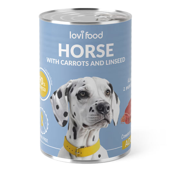 Lovi Food Horse with Carrots and Linseed – Wet Dog Food, Horsemeat Recipe, 24 x 400g Cans