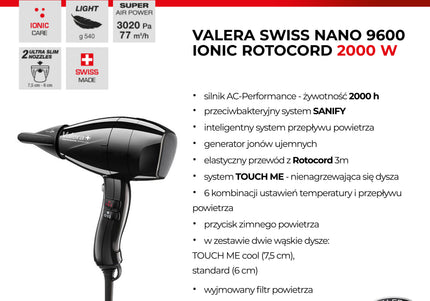 Valera Swiss Nano 9600 Ionic Rotocord Professional Hand Dryer – Swivel Cord, Black Finish