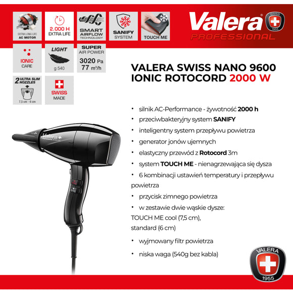 Valera Swiss Nano 9600 Ionic Rotocord Professional Hand Dryer – Swivel Cord, Black Finish