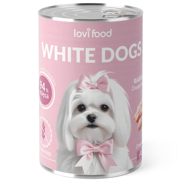 Lovi Food White Dogs Wet Food – Rabbit and Turkey with Zucchini and Chamomile, 400g Can