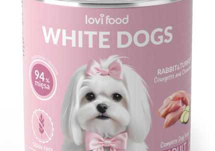 Lovi Food White Dogs Wet Food – Rabbit, Turkey, Zucchini, Chamomile, 12x800g Cans