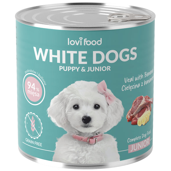 Lovi Food White Dogs Junior & Puppy Wet Food – Veal and Banana Recipe, 800g Can