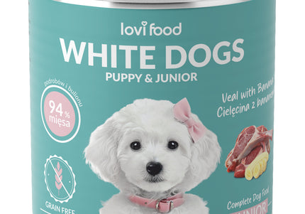 Lovi Food White Dogs Junior & Puppy Veal & Banana – Wet Food with Veal and Banana, 24 x 800g Cans
