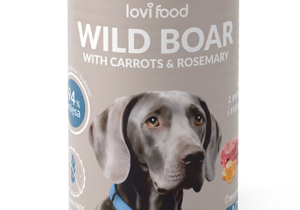 Lovi Food Wild Boar and Carrot Wet Dog Food – Natural Grain-Free Recipe with Rosemary, 6x400g Cans