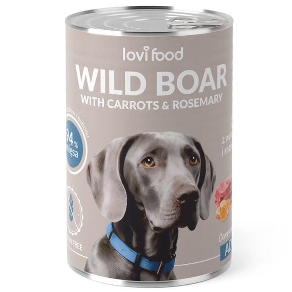 Lovi Food Wild Boar and Carrot Wet Dog Food – Grain-Free Recipe with Rosemary, 400g Can