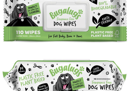 Bugalugs Fragrance Free Grooming Wipes – Biodegradable, Gentle Wet Wipes, 110 Pack