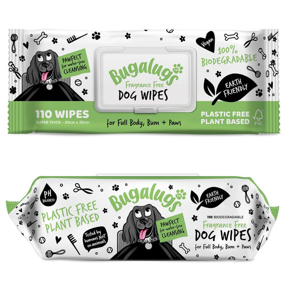 Bugalugs Fragrance Free Grooming Wipes – Biodegradable, Gentle Wet Wipes, 110 Pack
