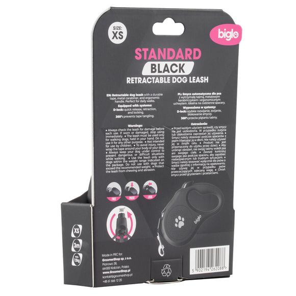 Biglo Standard Black Retractable Leash – Extra Small, Durable Tangle-Free Design