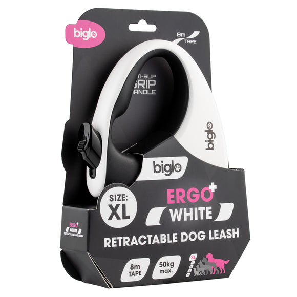 Biglo Ergo Plus White Retractable Leash – Automatic Medium Lead with Anti-Slip Handle