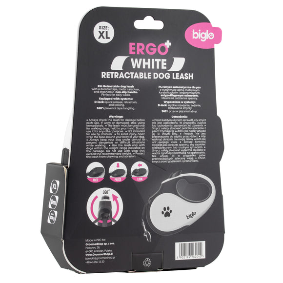 Biglo Ergo Plus White Retractable Leash – Automatic Medium Lead with Anti-Slip Handle