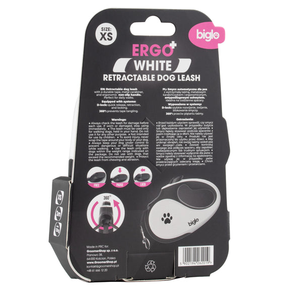 Biglo Ergo Plus White Retractable Leash – Automatic Medium Lead with Anti-Slip Handle