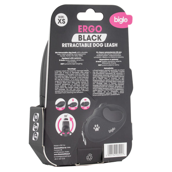 Biglo Ergo Black Retractable Leash – Automatic Medium Lead with Ergonomic Handle