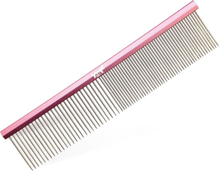 Yuup! Pink Grooming Comb 19cm – Lightweight Aluminum with Mixed Tooth Spacing, Pink Finish