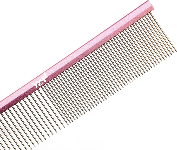 Yuup! Pink Grooming Comb 19cm – Lightweight Aluminum with Mixed Tooth Spacing, Pink Finish