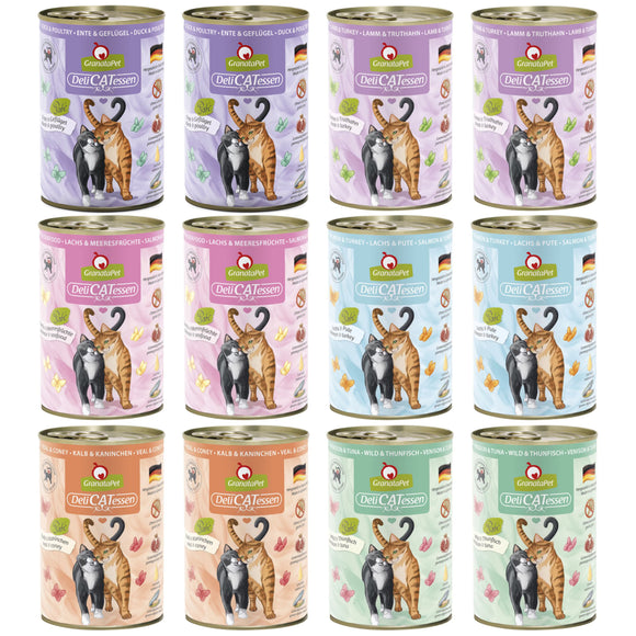 GranataPet DeliCatessen Wet Cat Food Set – Grain-Free, 12x400g, Six Flavors, Pack of 3