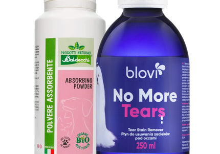 Baldecchi Absorbing Powder 90g and Blovi No More Tears 250ml – Stain-Removing Coat Brightening Set