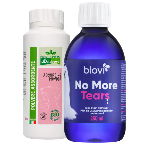 Baldecchi Absorbing Powder 90g and Blovi No More Tears 250ml – Stain-Removing Coat Brightening Set
