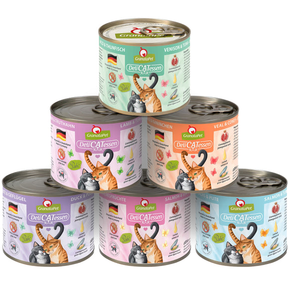 GranataPet DeliCatessen Grain-Free Wet Cat Food – 6 Flavors Variety Pack, 6x200g Cans