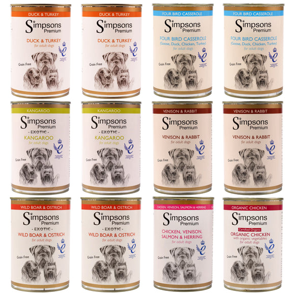 Simpsons Premium Wet Dog Food Set – Grain-Free Mixed Flavors, 12 x 400g Cans
